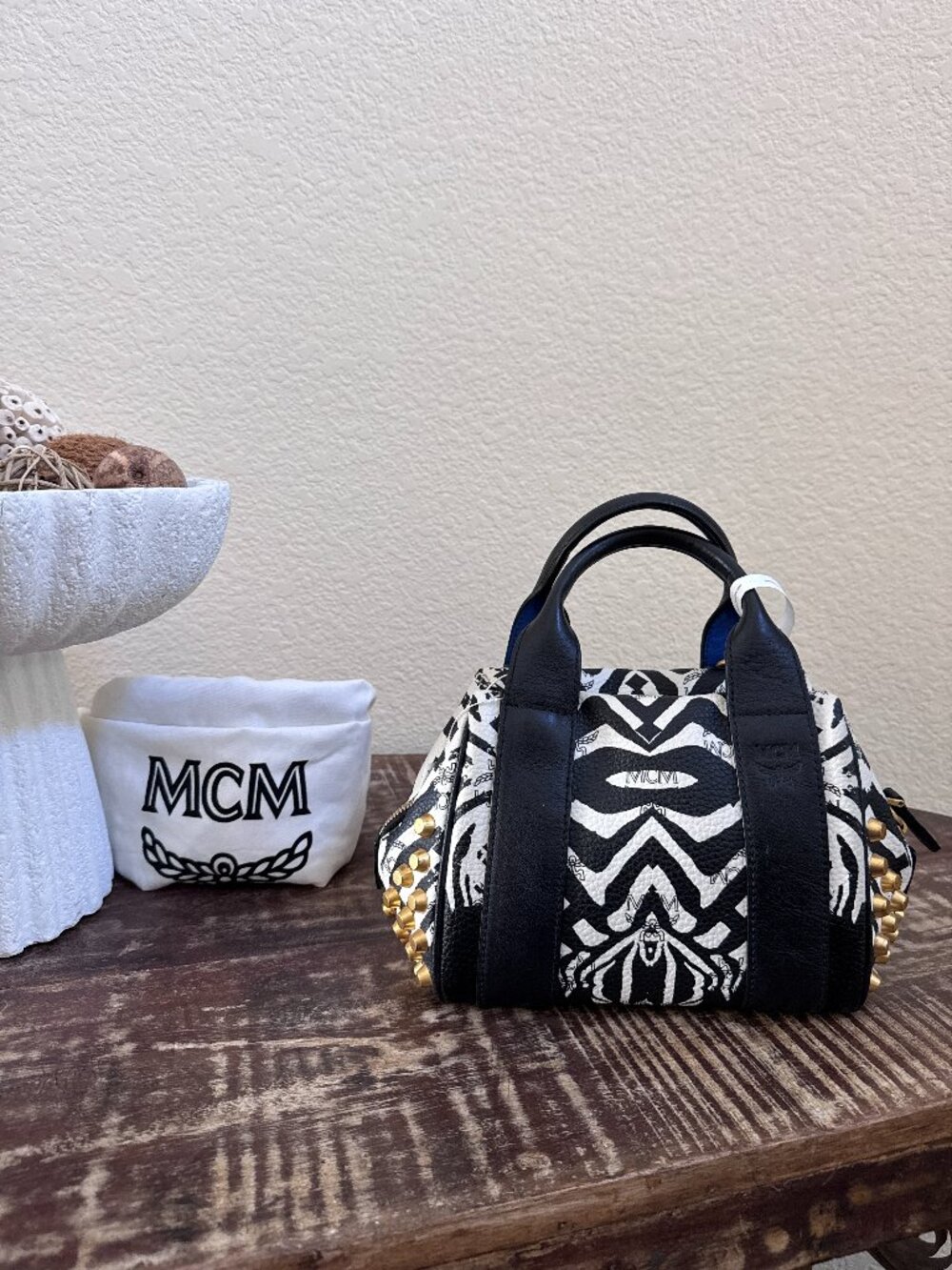 MCM Funky Zebra Mini Boston Satchel Black White Studded Bag + COA
